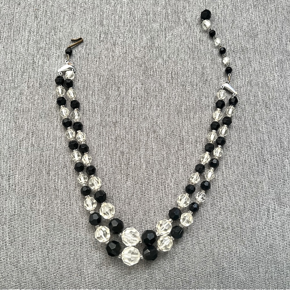 Vintage Germany Black Clear Plastic Double Strand Beaded Necklace